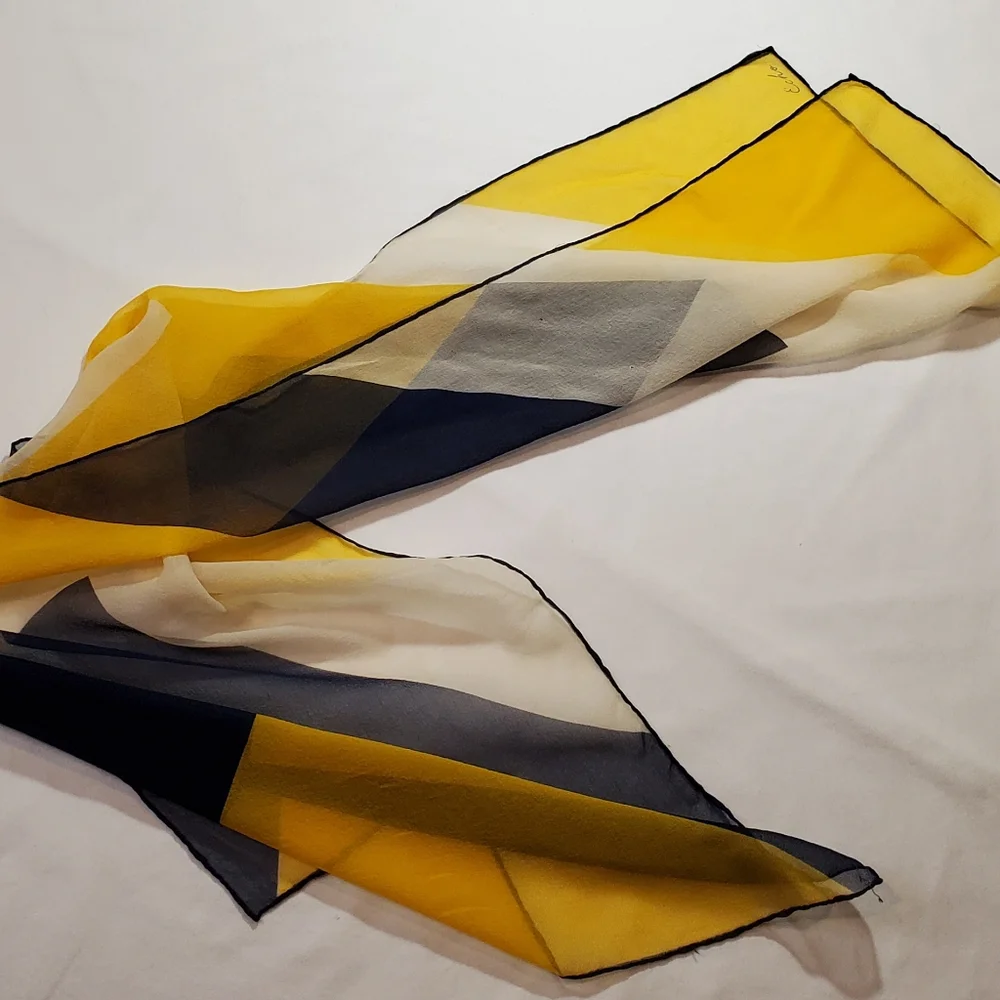 Semi-transparent White Navy and Yellow Chevron Print Vintage Silk Scarf - Picture 15 of 15